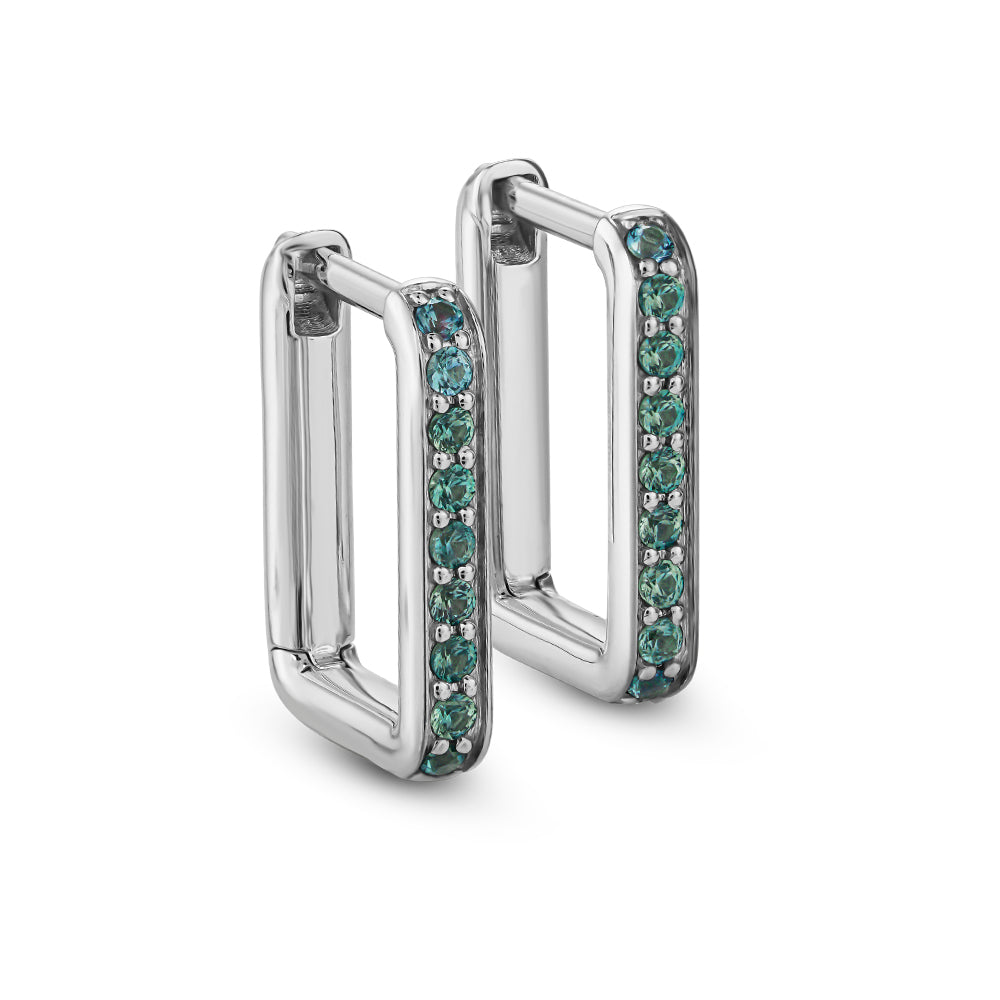 CANADIAN MADE in 14 k white gold Rectangular Hoop Silhouette Set in Greenish Sapphiresfrom carati jewelry montreal