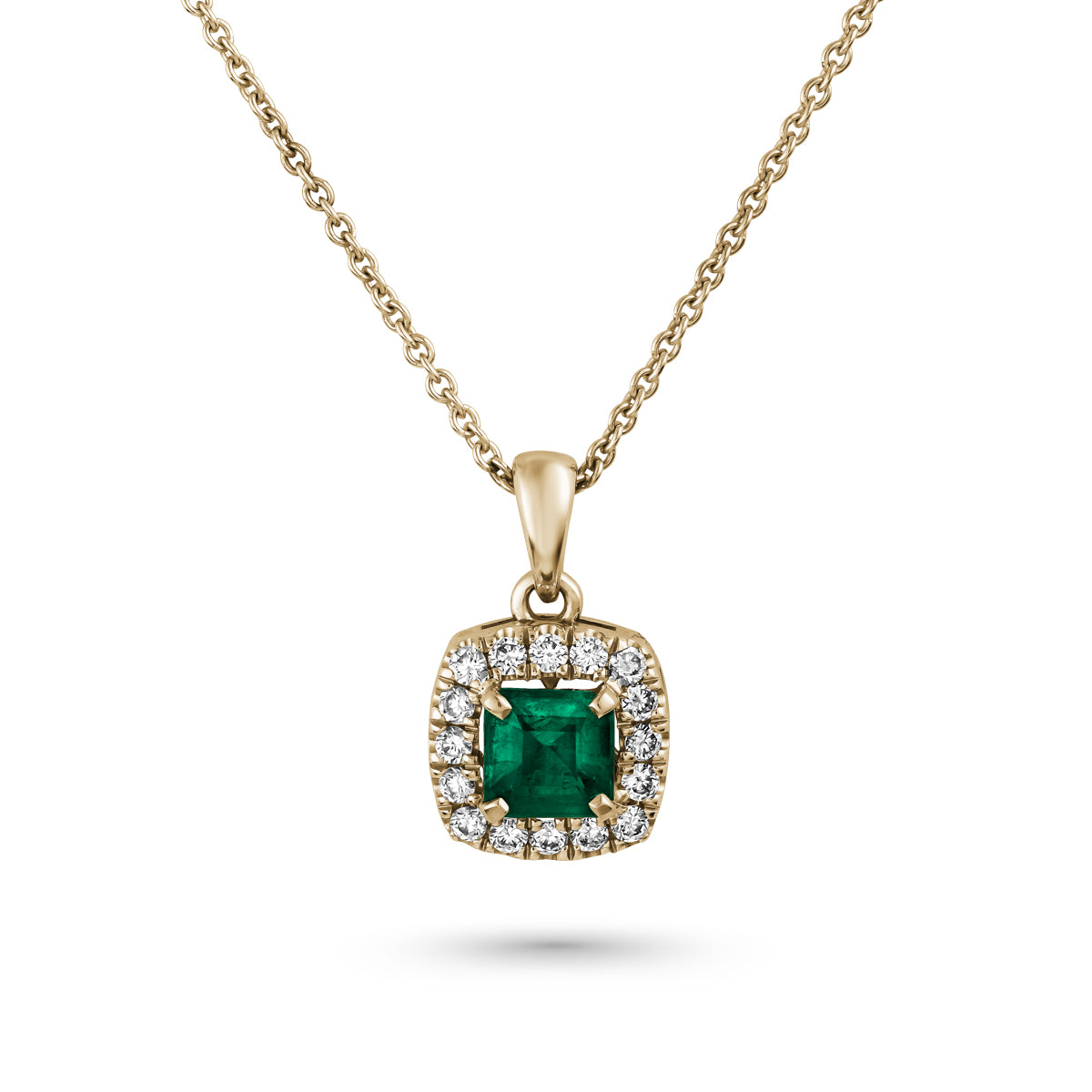 An elegant square pendant necklace with a central emerald surrounded by pave diamonds in sophisticated spark designed by carati jewelry in montreal canada in 18 k 14 k