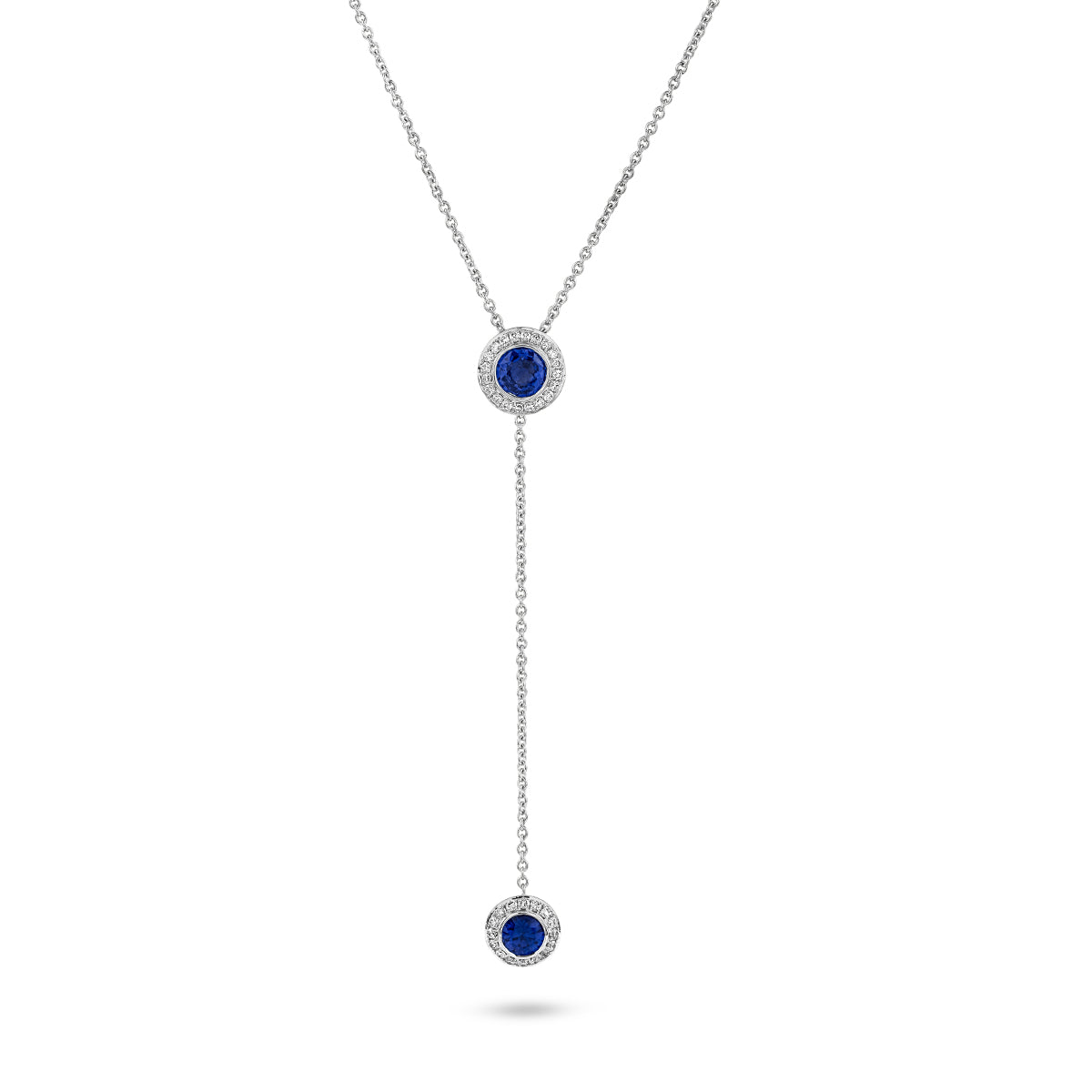 Royal Harmony Lariat Pendant With 2 Royal blue sapphires set pave all around designed by carati jewelry in montreal canada 14 k 18k