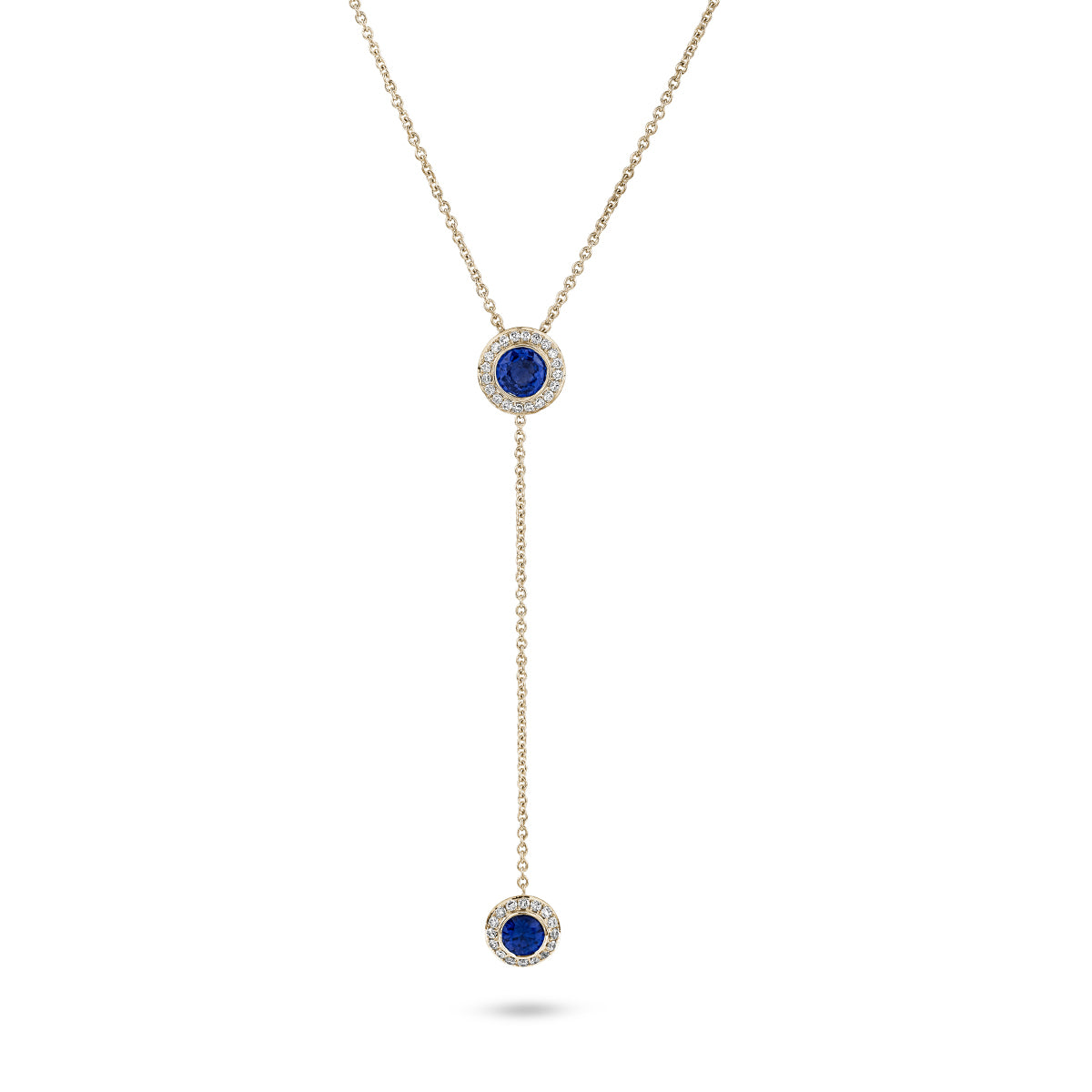 Royal Harmony Lariat Pendant With 2 Royal blue sapphires set pave all around designed by carati jewelry in montreal canada 14 k 18k