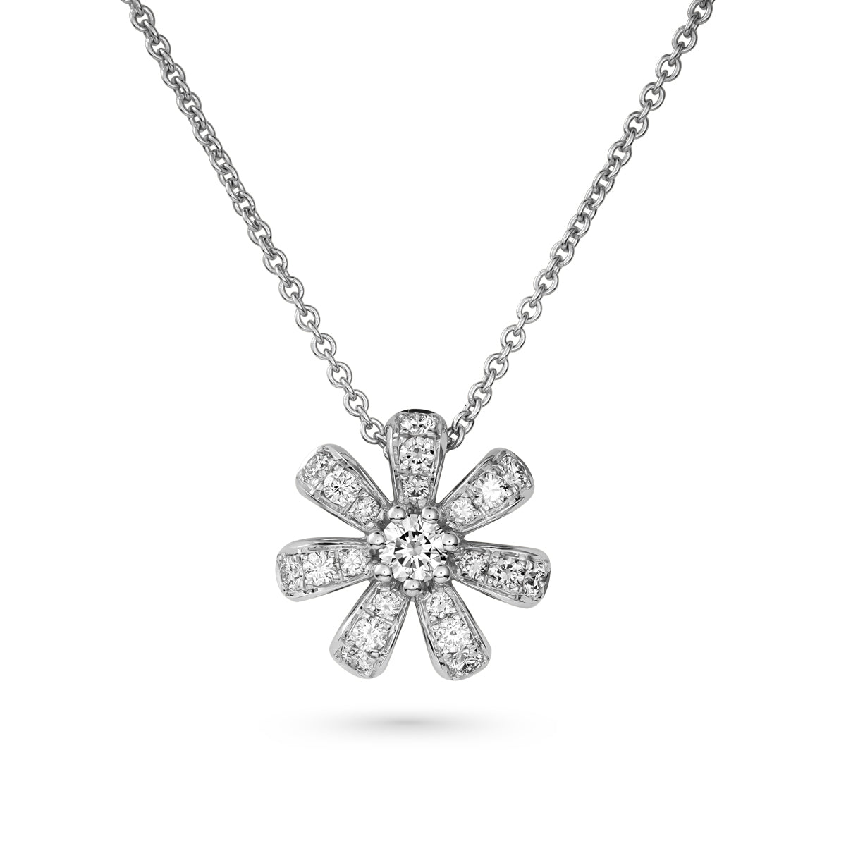 Fiora pendant set in pave diamonds a Sparkling diamond in the middle is iconic design from carati jewelry in montreal canada in 18k 14 k