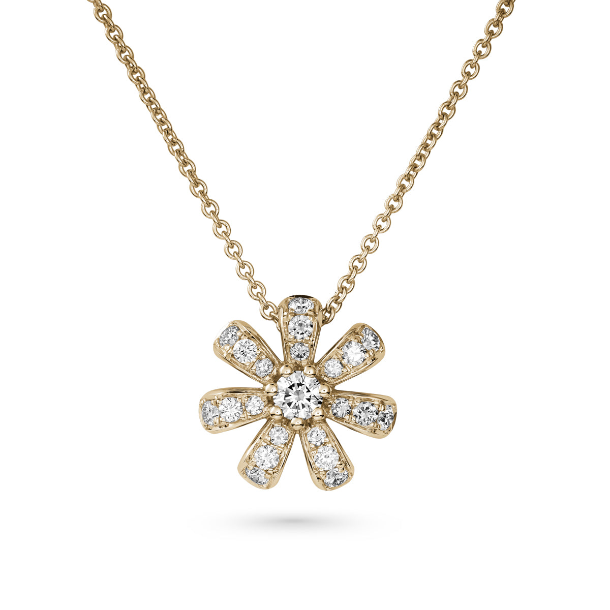 Fiora pendant set in pave diamonds a Sparkling diamond in the middle is iconic design from carati jewelry in montreal canada in 18k 14 k
