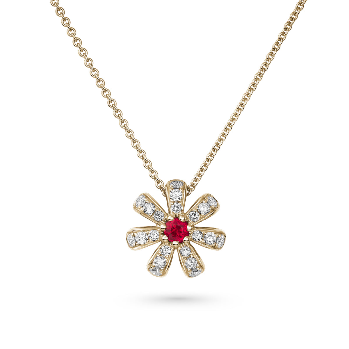 Fiora pendant set in pave diamonds a Sparkling ruby in the middle is iconic design from carati jewelry in Montreal Canada in 18k 14 k