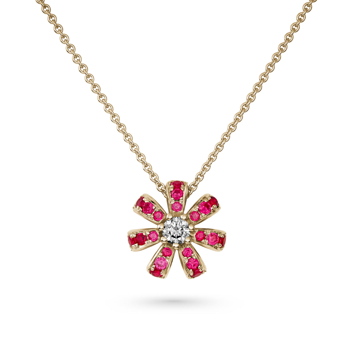 Fiora mini pendant set in pave rubys and a Sparkling diamond in the middle is iconic design from carati jewelry in montreal canada in 18k 14 k