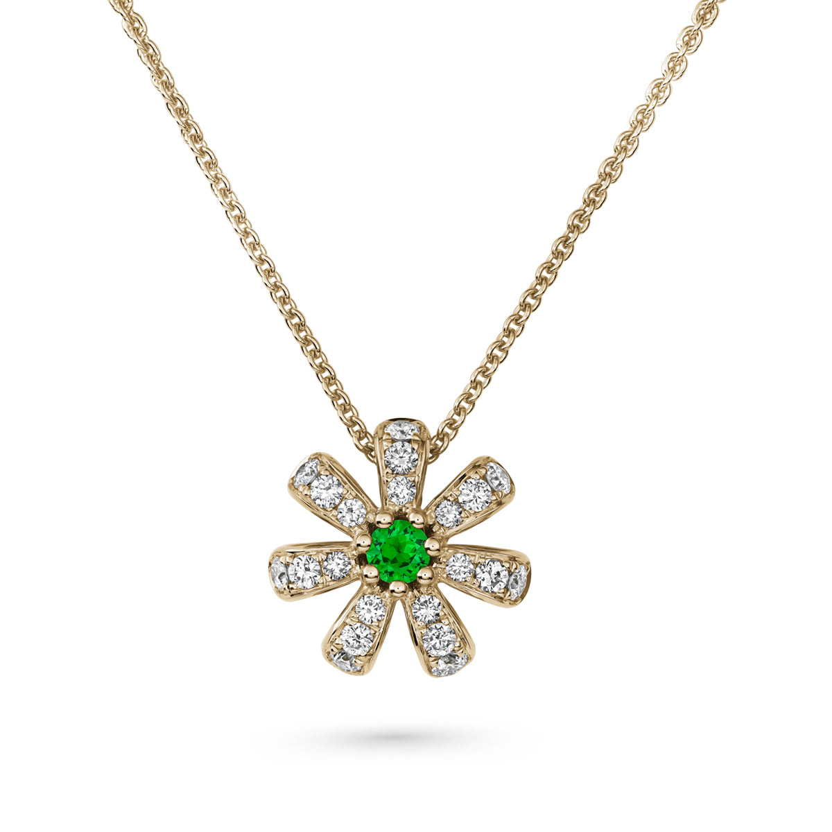 Fiora pendant set in pave diamonds a Sparkling tsavorite in the middle is iconic design from carati jewelry in montreal canada in 18k 14 k