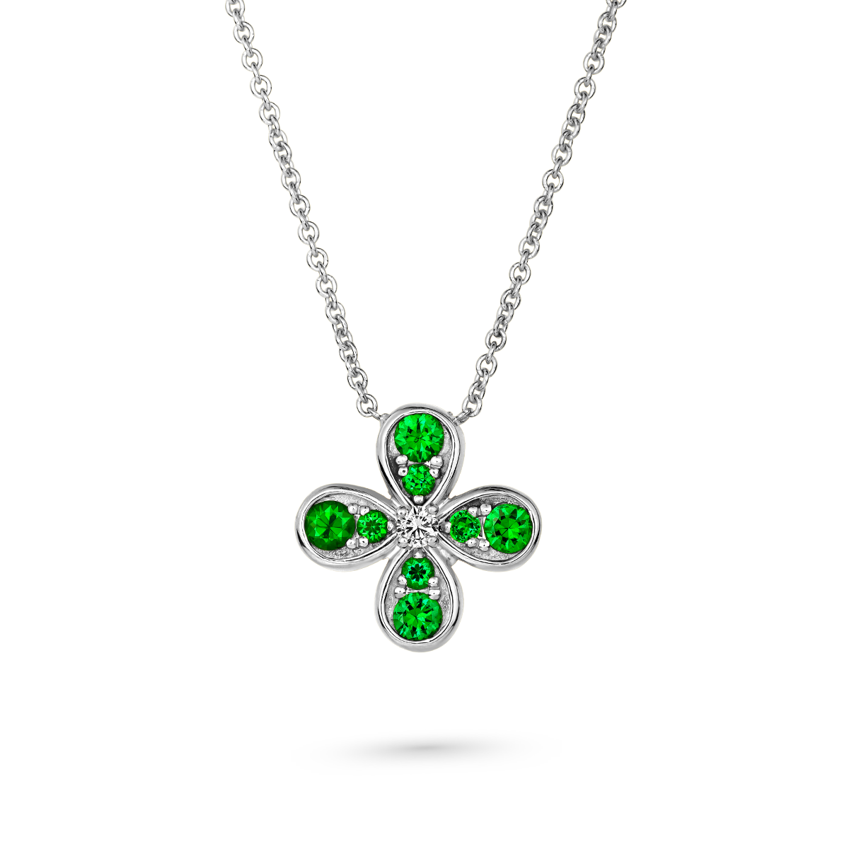 Bloom pendant set with tsavorites and a diamond in the middle designed by carati jewelry montreal canada 18k 14 k