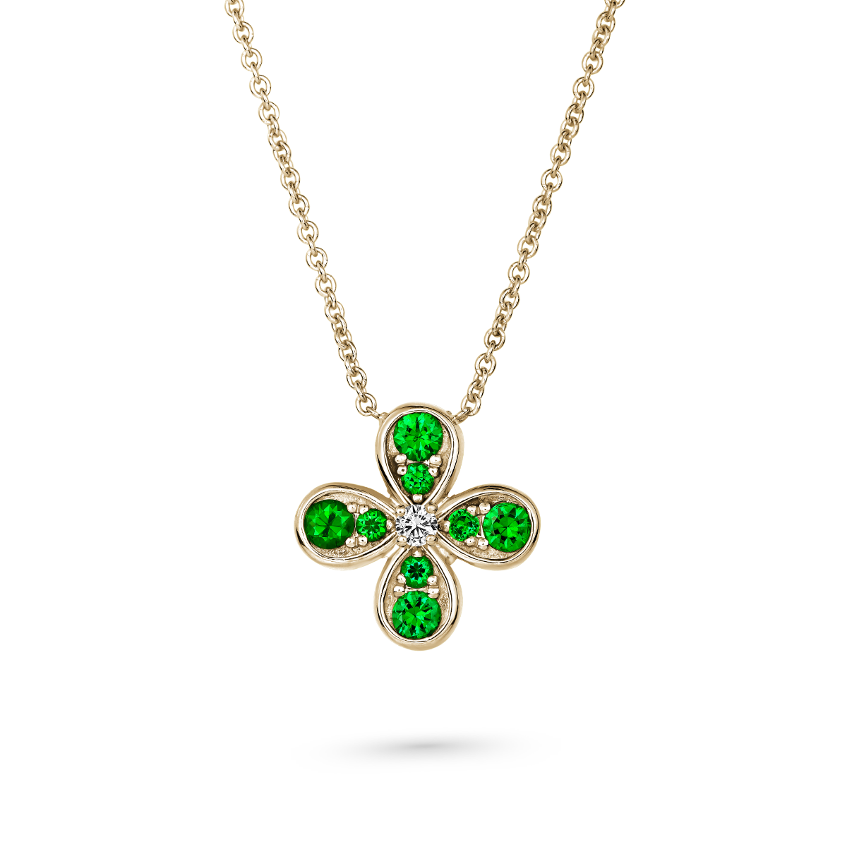 Bloom pendant set with tsavorites and a diamond in the middle designed by carati jewelry montreal canada 18k 14 k