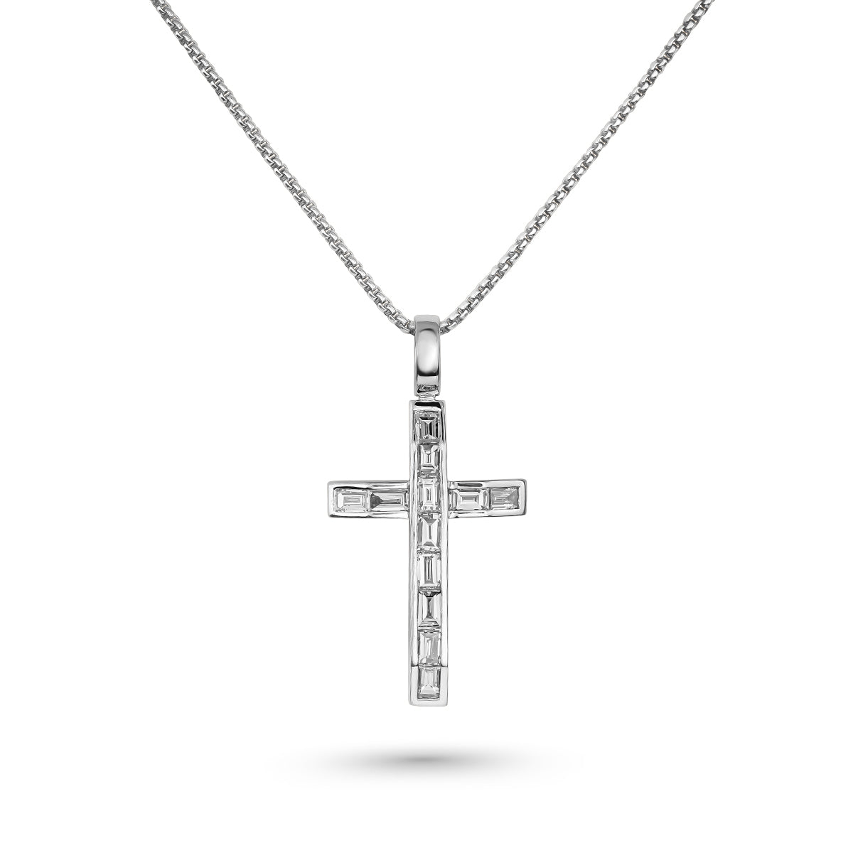 Shield your soul cross smaller size set in baguettes is designed by carati jewelry in montreal canada 18 k 14 k in rounded box chain