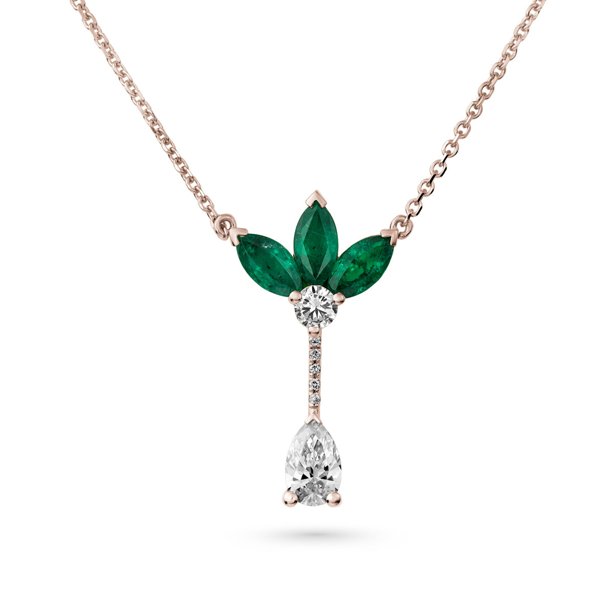 Majesty Pendant with marquise Emeralds and a pear diamond is designed by carati jewelry in Montreal Canada in 14k 18k
