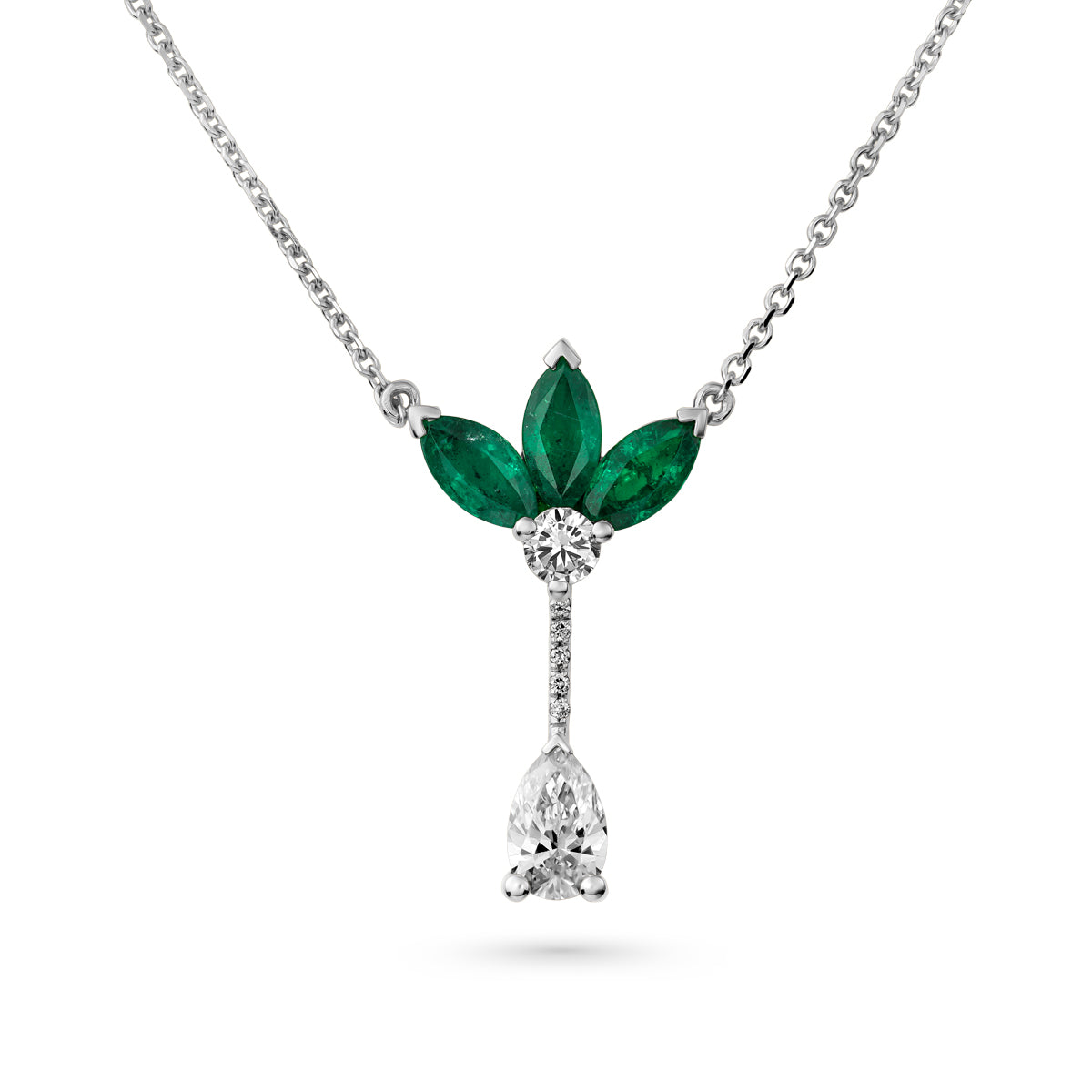 Majesty Pendant with marquise Emeralds and a pear diamond is designed by carati jewelry in Montreal Canada in 14k 18k