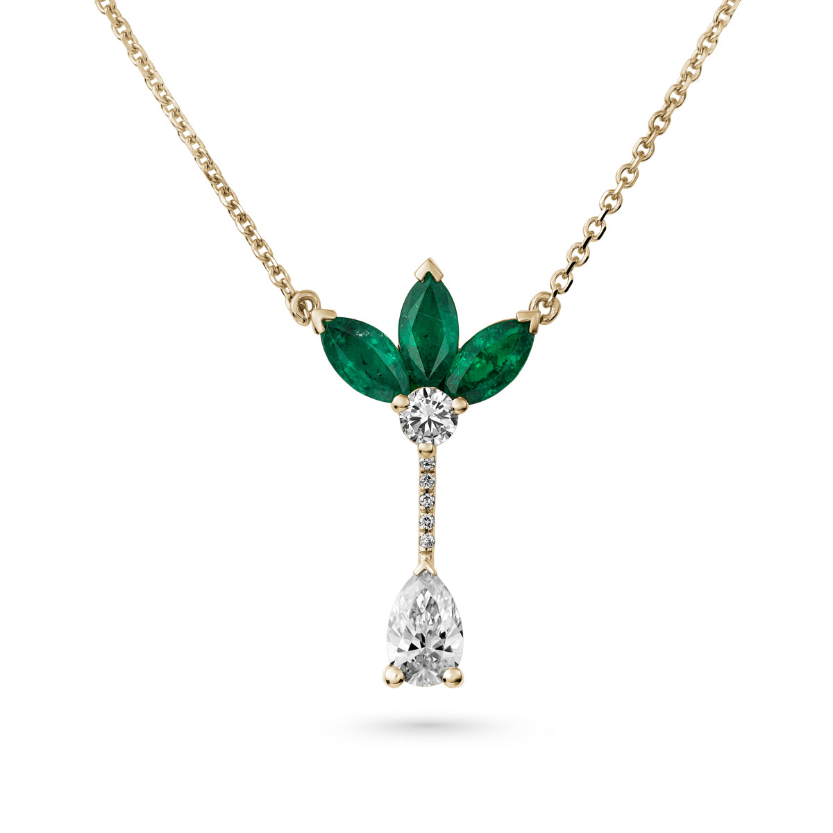 Majesty Pendant with marquise Emeralds and a pear diamond is designed by carati jewelry in Montreal Canada in 14k 18k