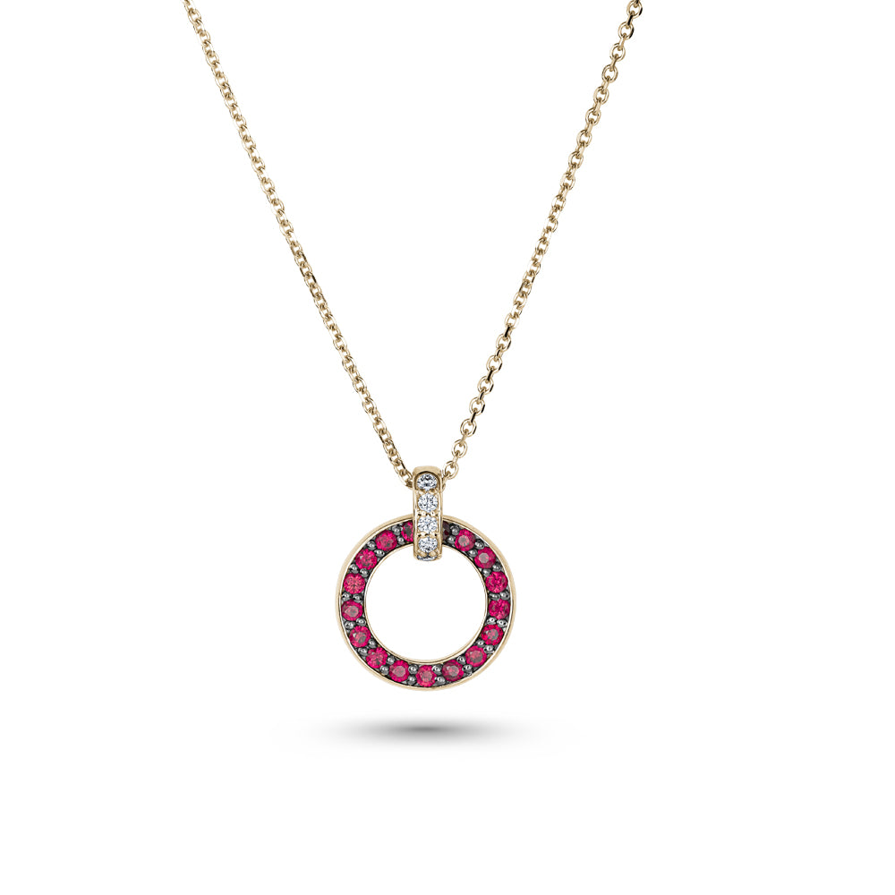 14 k pendant in yellow gold pave set with rubys and diamonds eclipse collection designed by carati jewelry montreal
