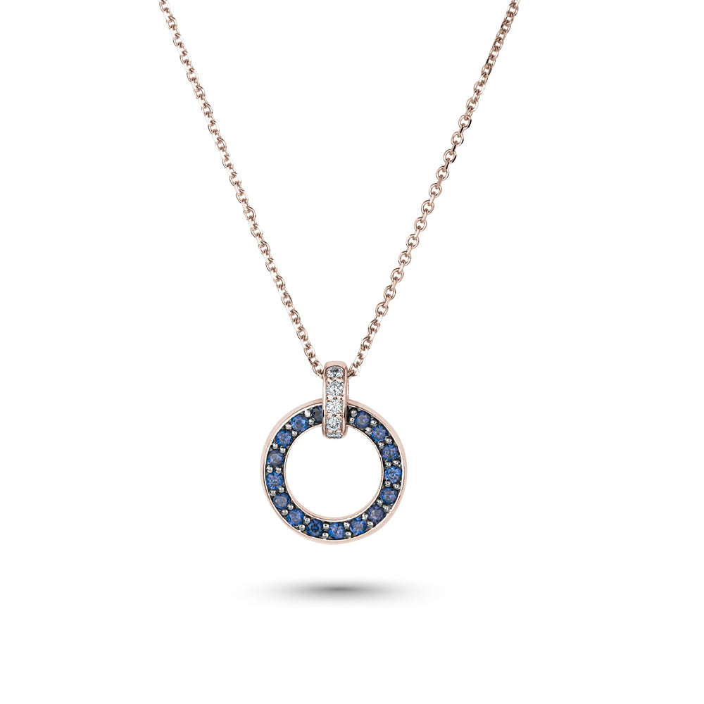 14 k pendant in rose gold pave set with blue sapphires and diamonds eclipse collection designed by carati jewelry montreal