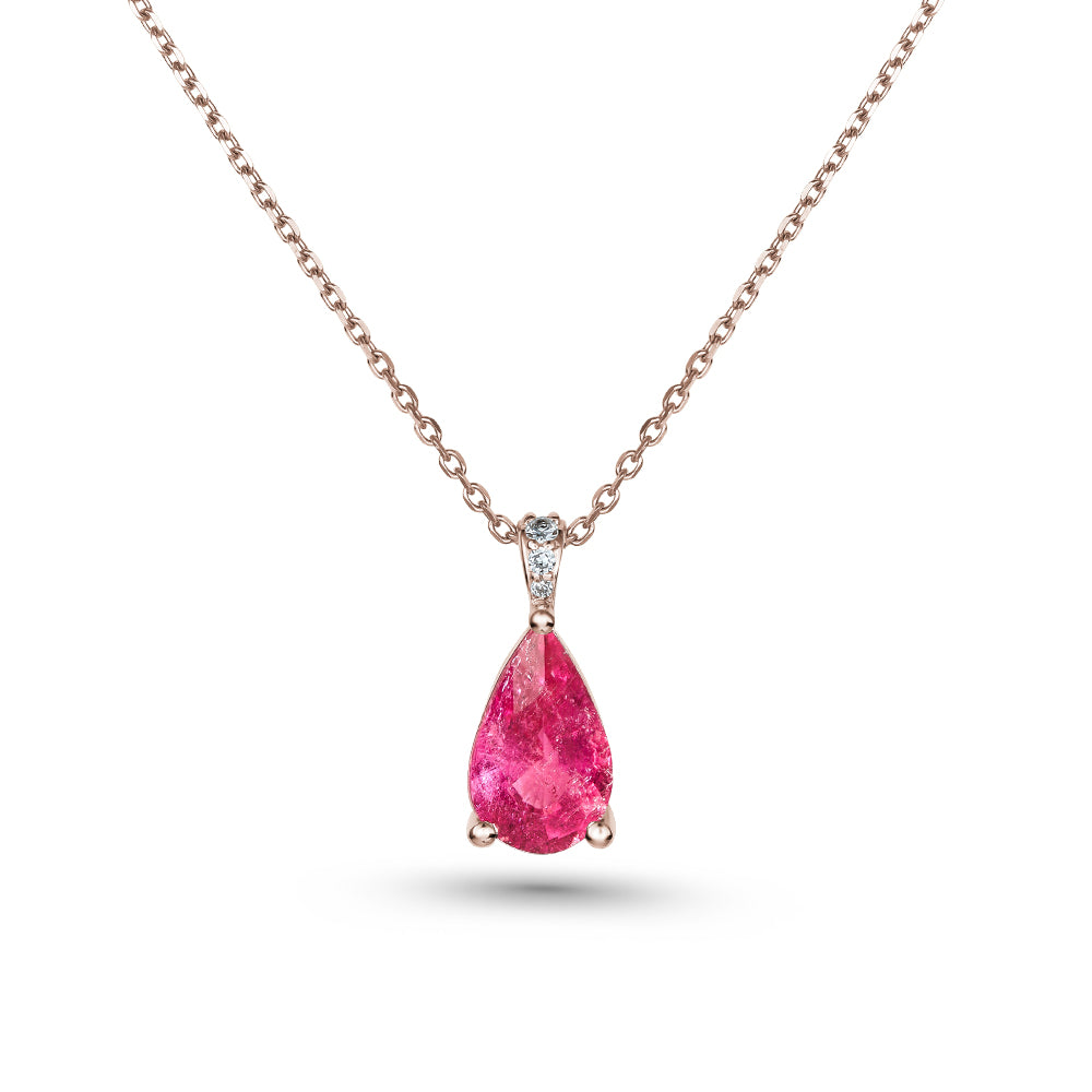 14k and 18k rose gold pendant pear shaped rubellite with diamonds on bail Carati Jewelry Montreal