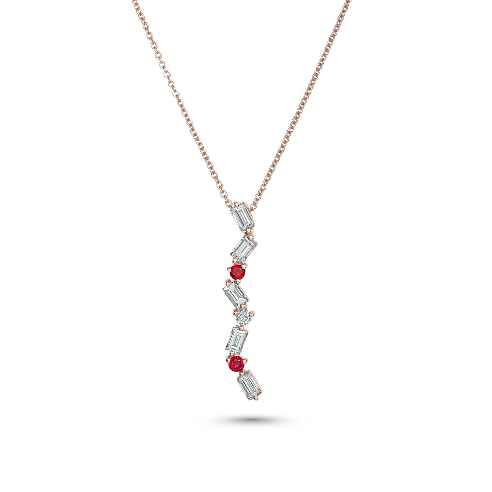 Cascade Pendant in 14k rose gold set with baguettes and rouny rubys carati jewelry montreal