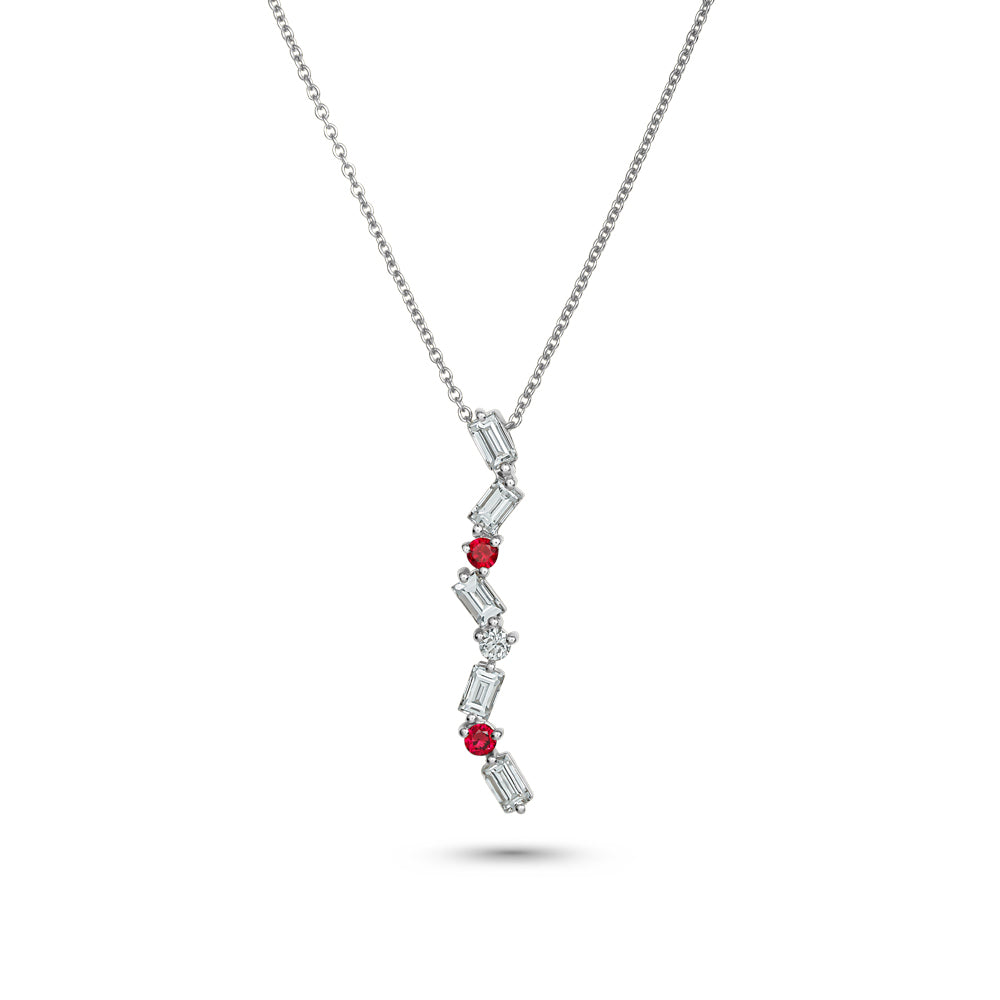 Cascade Pendant in 14k white gold set with baguettes and rouny rubys carati jewelry montreal