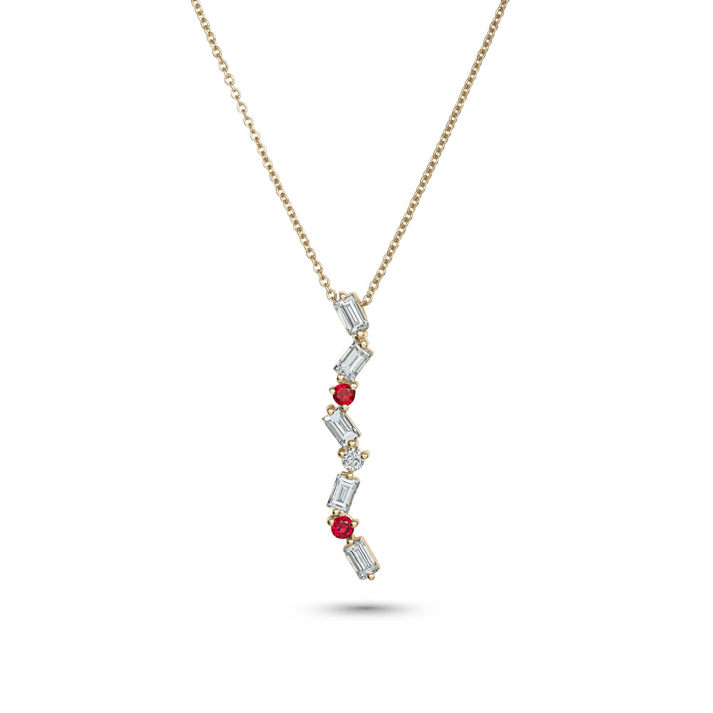 Cascade Pendant in 14k yellow gold set with baguettes and rouny rubys carati jewelry montreal