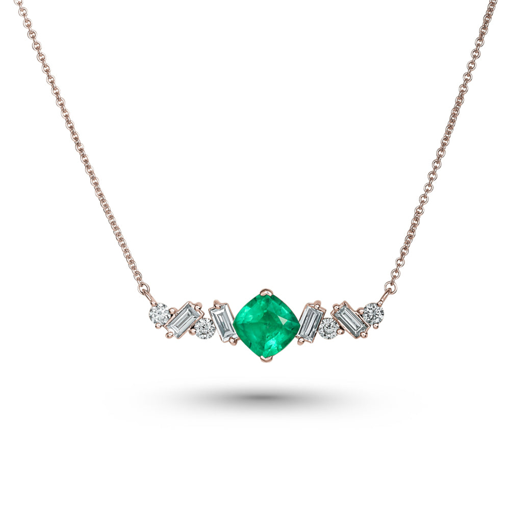 Cascade pendant in 14 k rose gold centered a cushion emerald with baguettes and round diamonds carati jewelry montreal