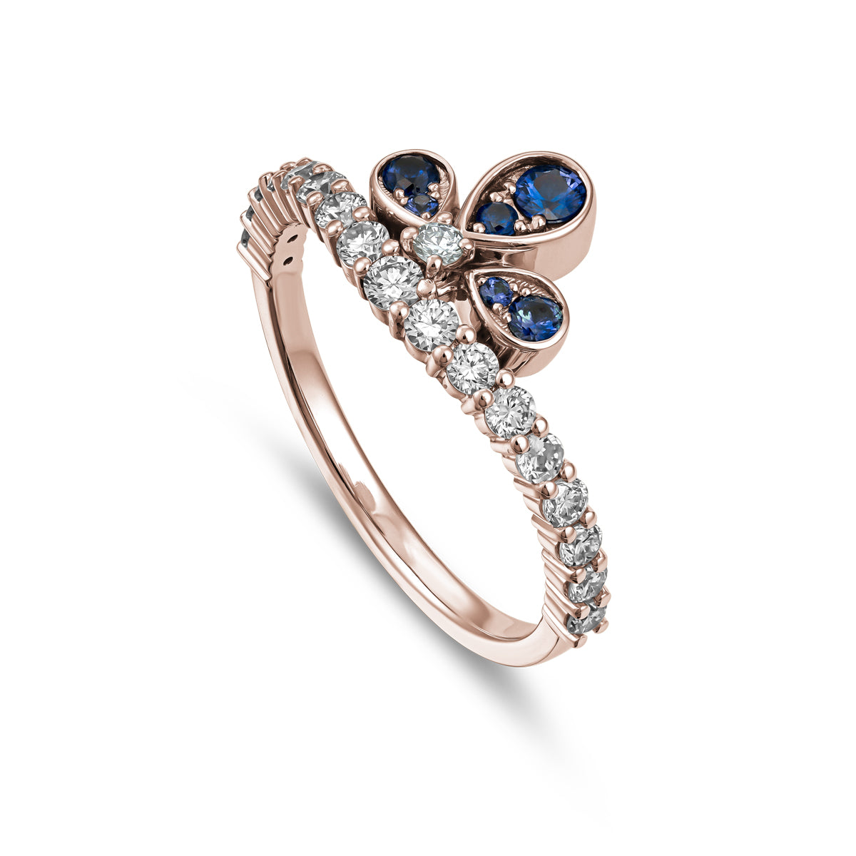 Bloom ring set with sapphires and diamonds going half way designined by carati jewelry montreal canada 18 k 14 k