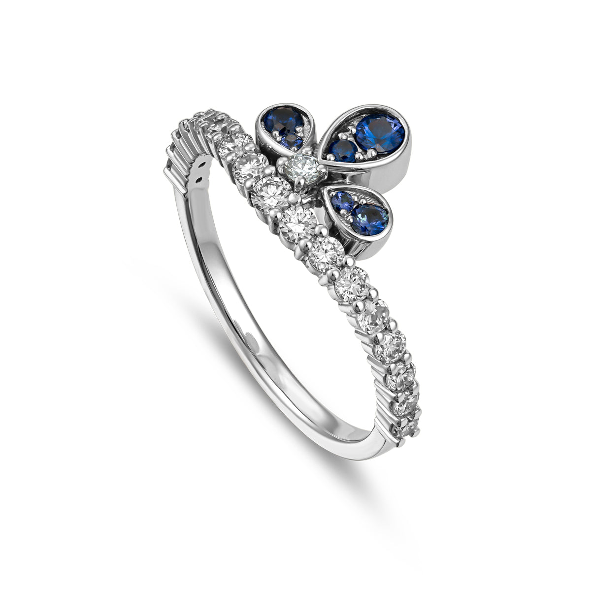 Bloom Ring Set in Royal Blue Sapphires and Diamonds Half Way