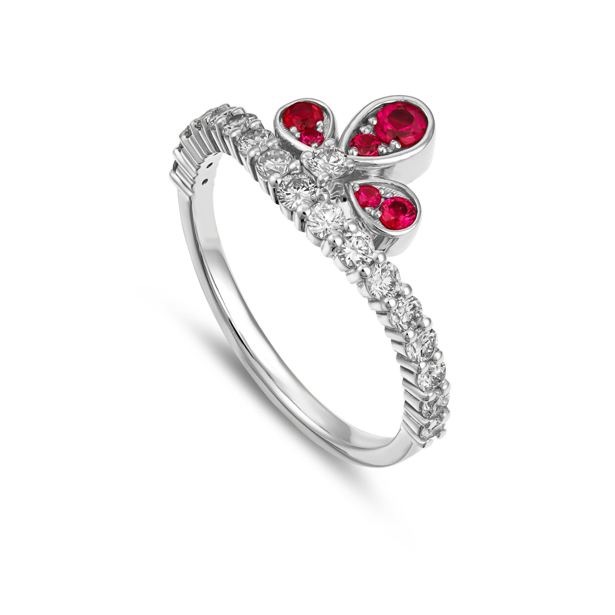 Bloom ring set with a rubys and diamonds going half way designined by carati jewelry montreal canada 18 k 14 k