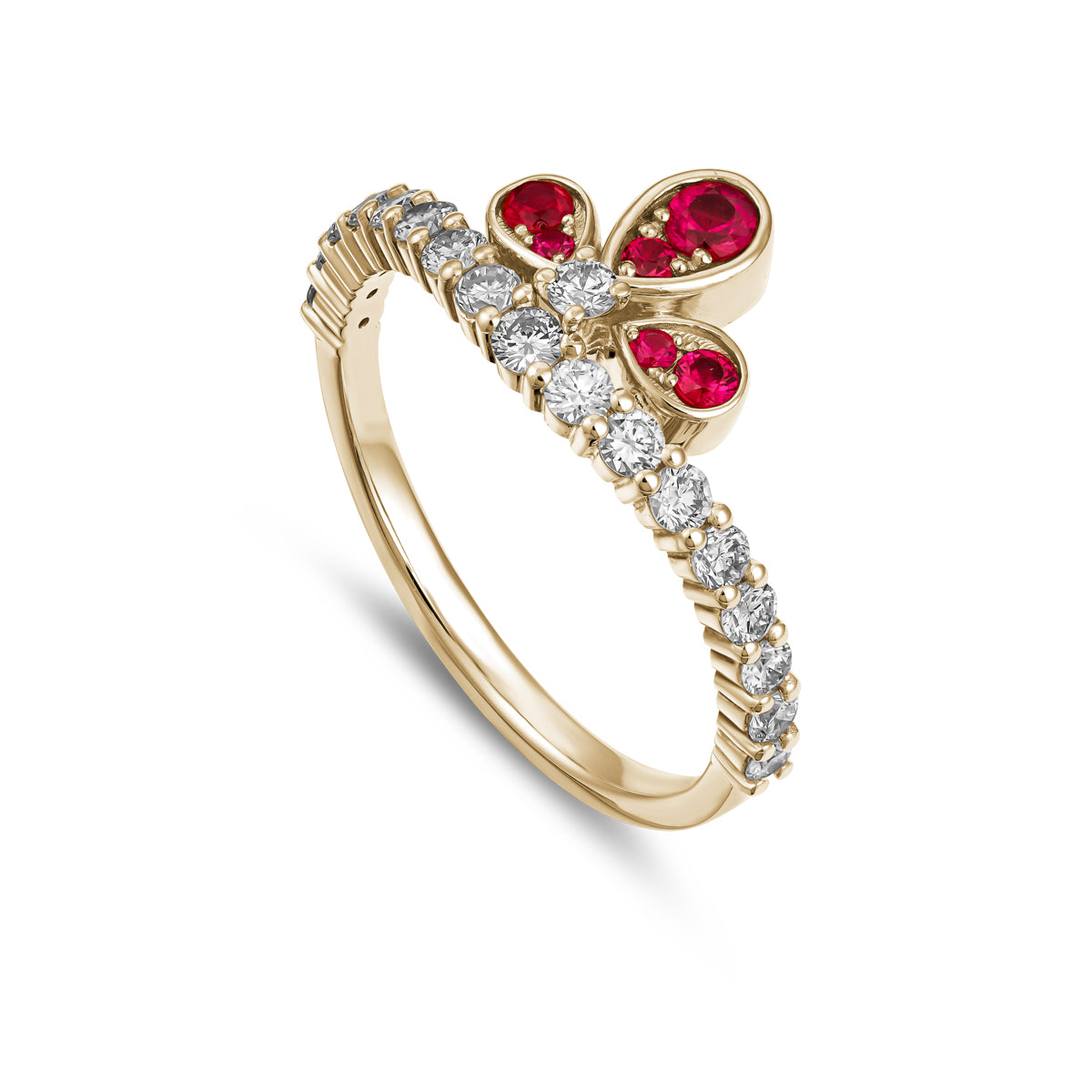 Bloom ring set with a rubys and diamonds going half way designined by carati jewelry montreal canada 18 k 14 k