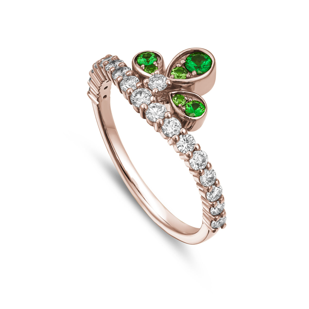 Bloom ring set with tzavorites and diamonds going half way designined by carati jewelry montreal canada 18 k 14 k