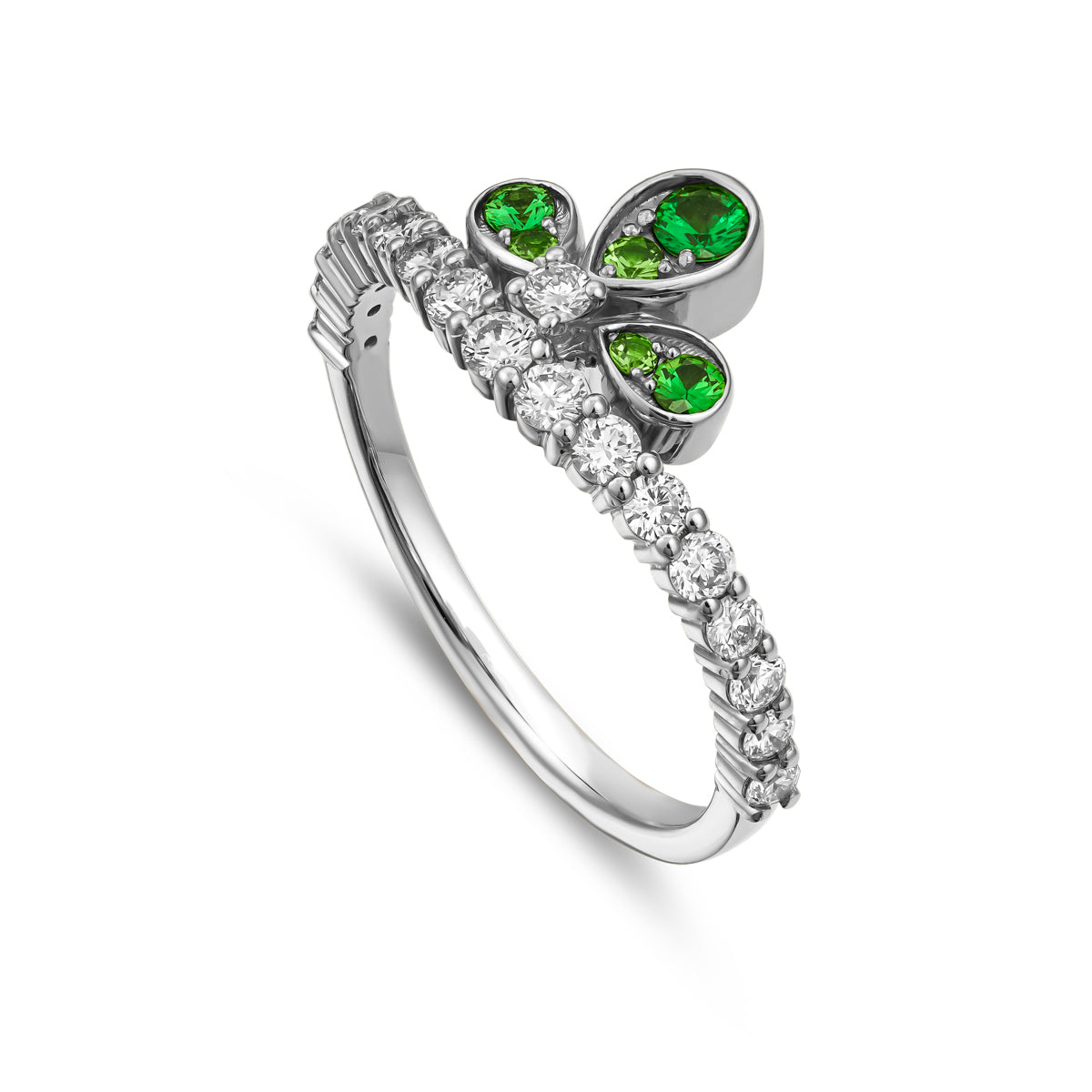 Bloom ring set with tzavorites and diamonds going half way designined by carati jewelry montreal canada 18 k 14 k
