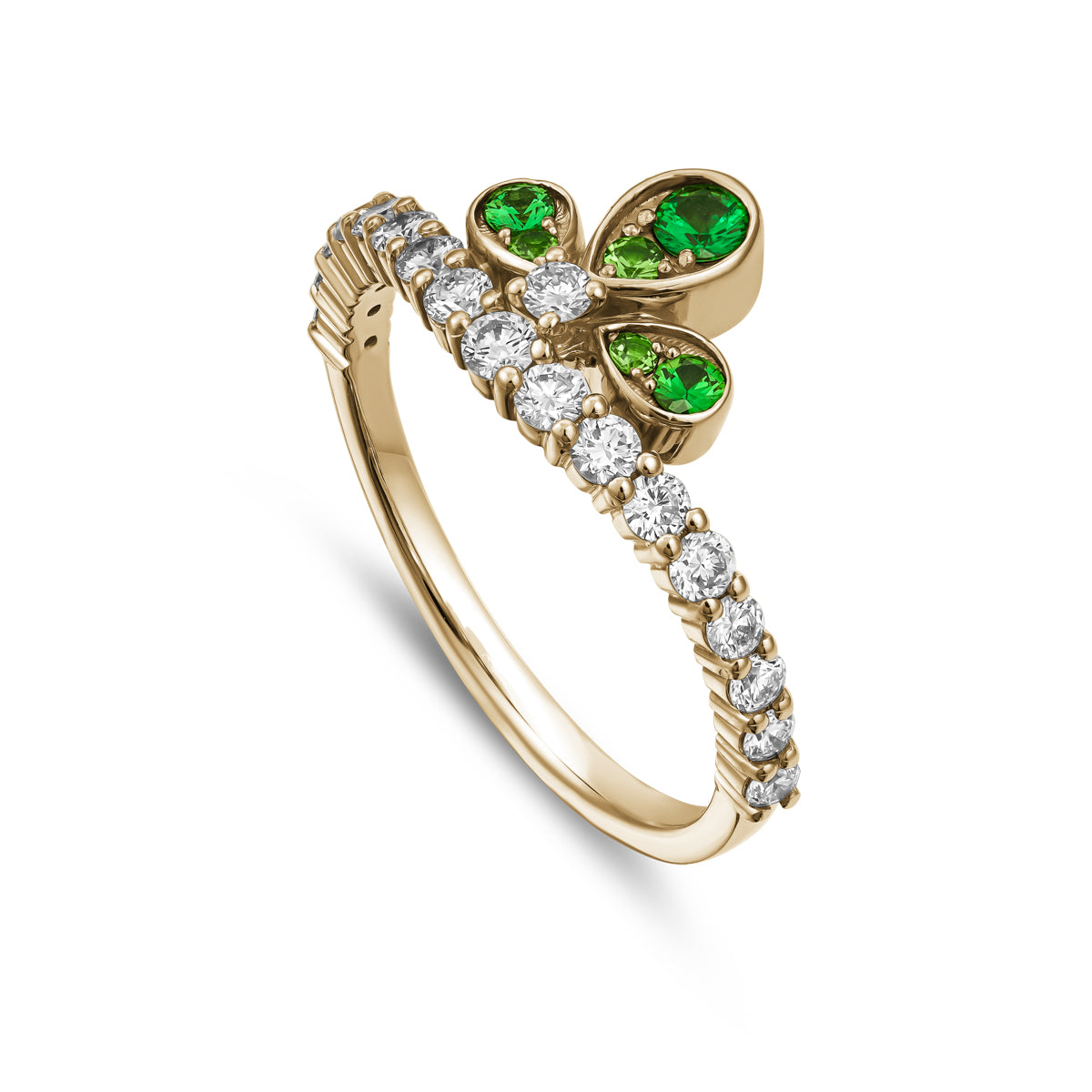 Bloom ring set with tzavorites and diamonds going half way designined by carati jewelry montreal canada 18 k 14 k