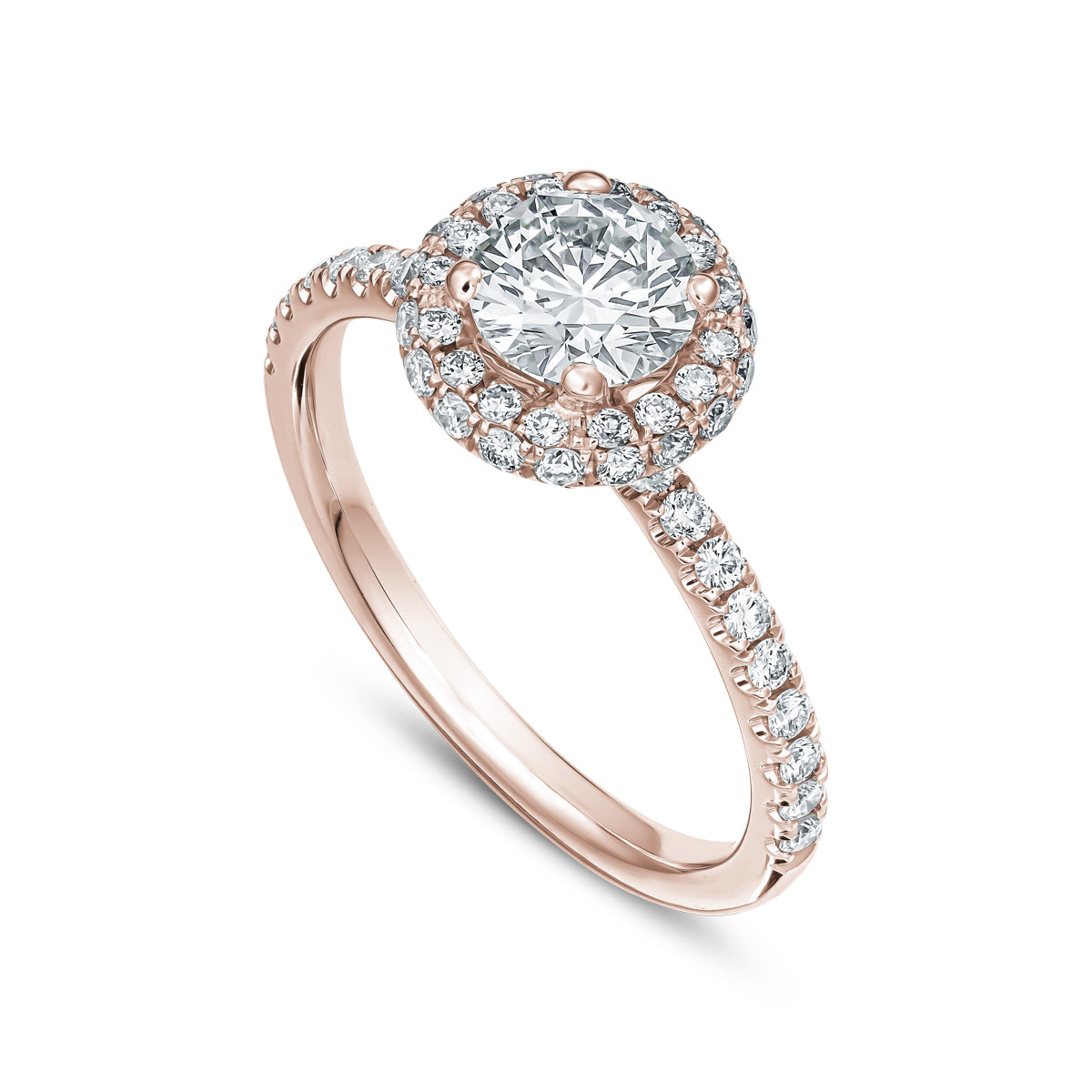 Destino Round Engagement Ring with a halo of diamonds around the central diamond, set in a white gold band designed by carati jewelry in montreal canada in 18 k 14 k