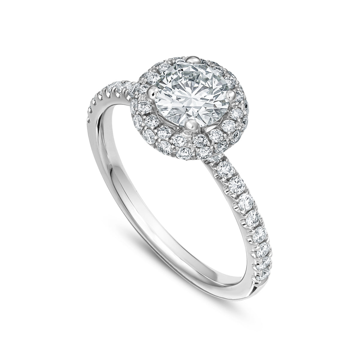 Destino Round Engagement Ring with a halo of diamonds around the central diamond, set in a white gold band designed by carati jewelry in montreal canada in 18 k 14 k
