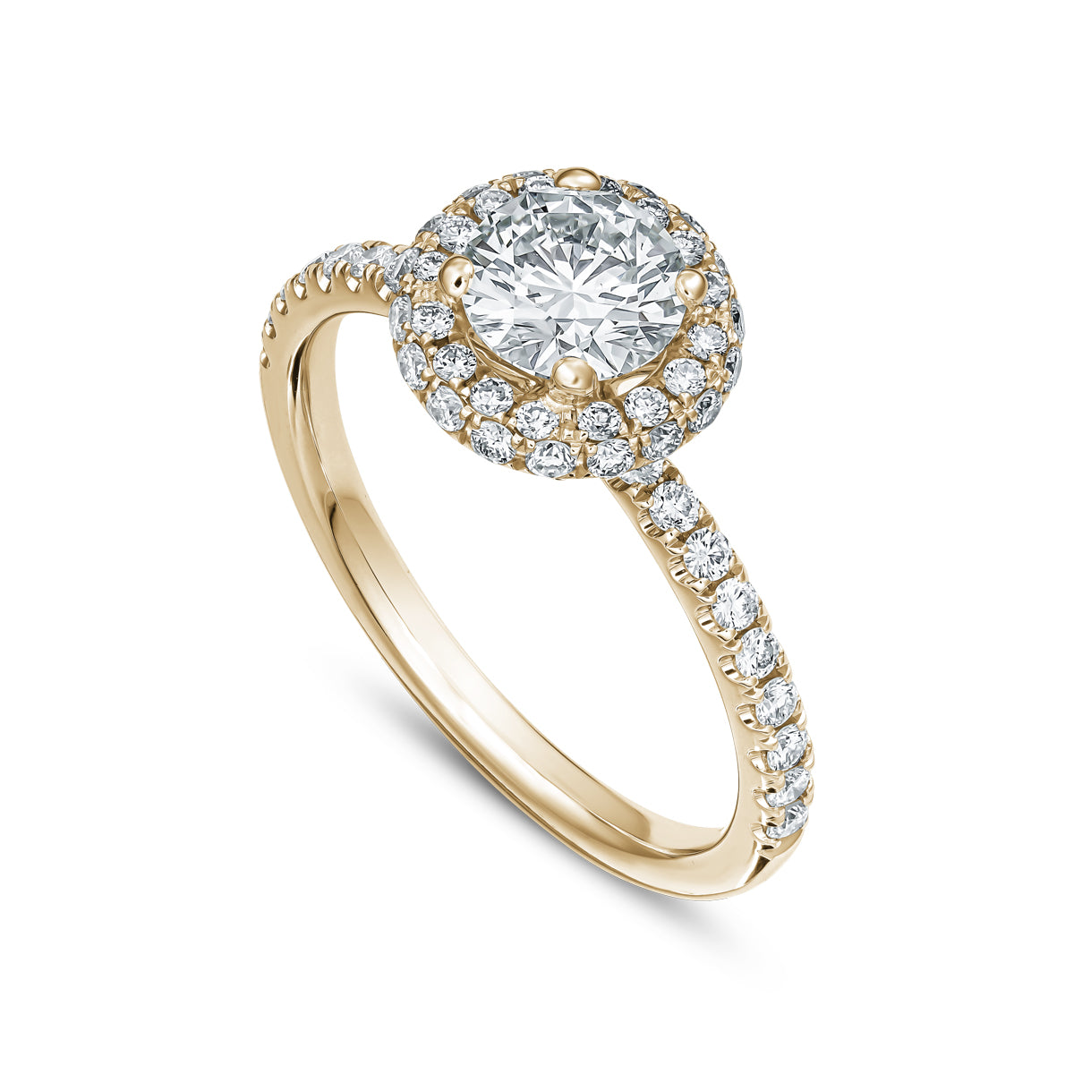 Destino Round Engagement Ring with a halo of diamonds around the central diamond, set in a white gold band designed by carati jewelry in montreal canada in 18 k 14 k