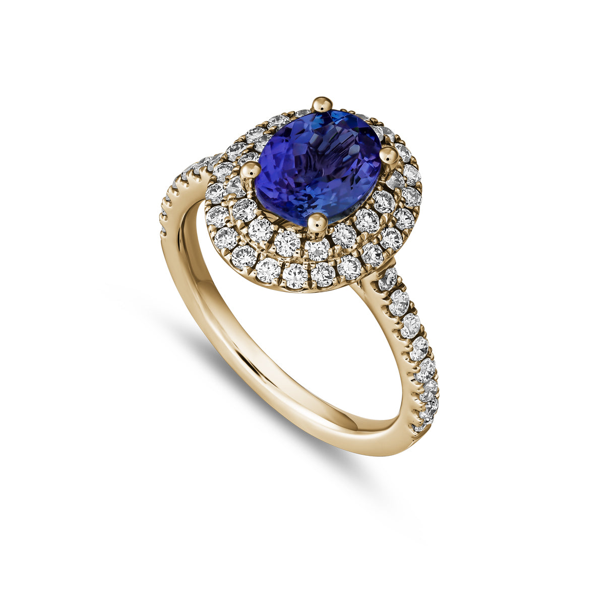 A two row two tone halo ring centered with a pear-shaped tanzanite stone and surrounded by smaller diamonds set in a silver or white gold band from carati jewelry montreal canada yellow gold 14 k 18 k
