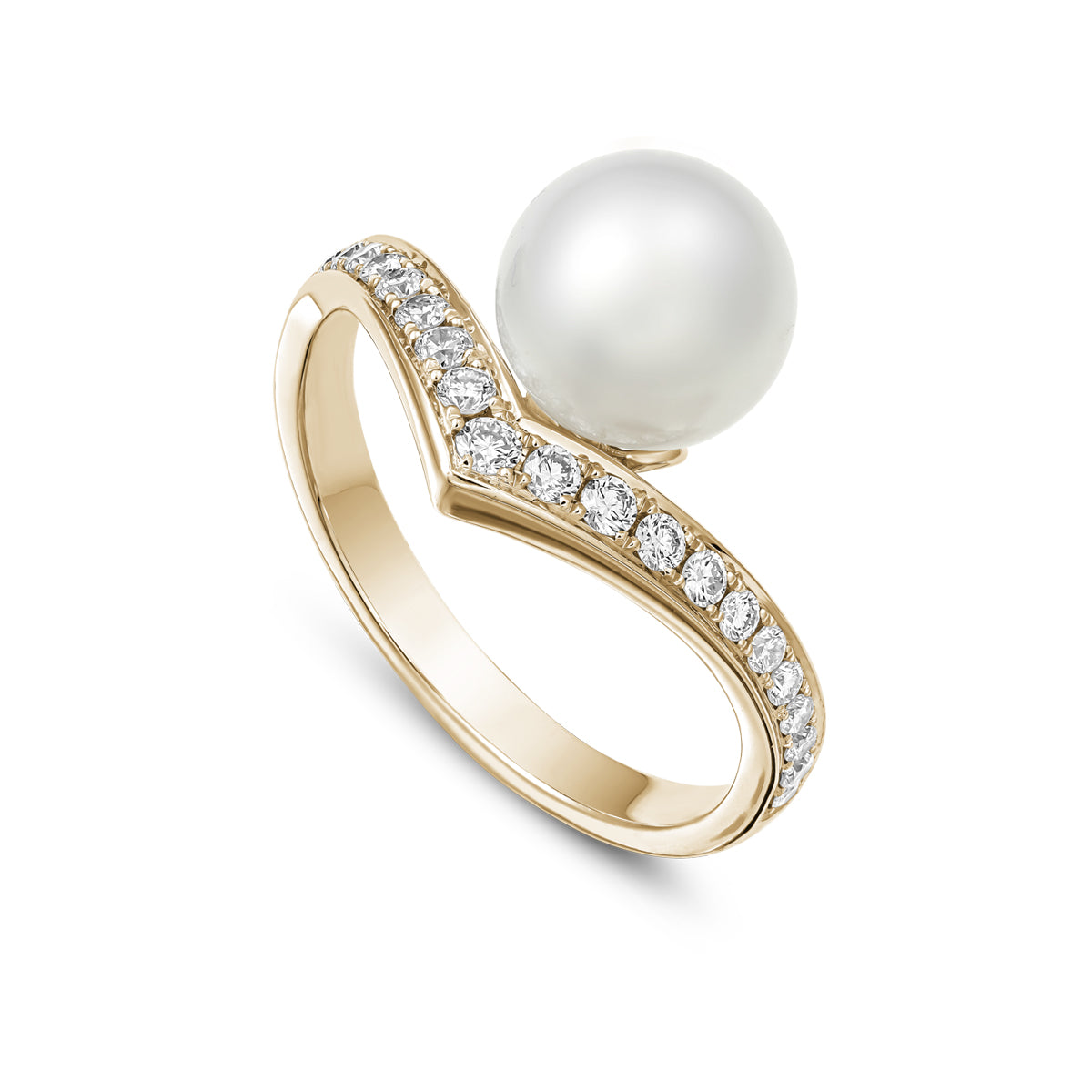 Dreamer ring in yellow gold ring featuring a south sea pearl with a pave set of smaller diamonds creating a sophisticated spark designed by carati jewelry in montreal canada in 18 k 14 k