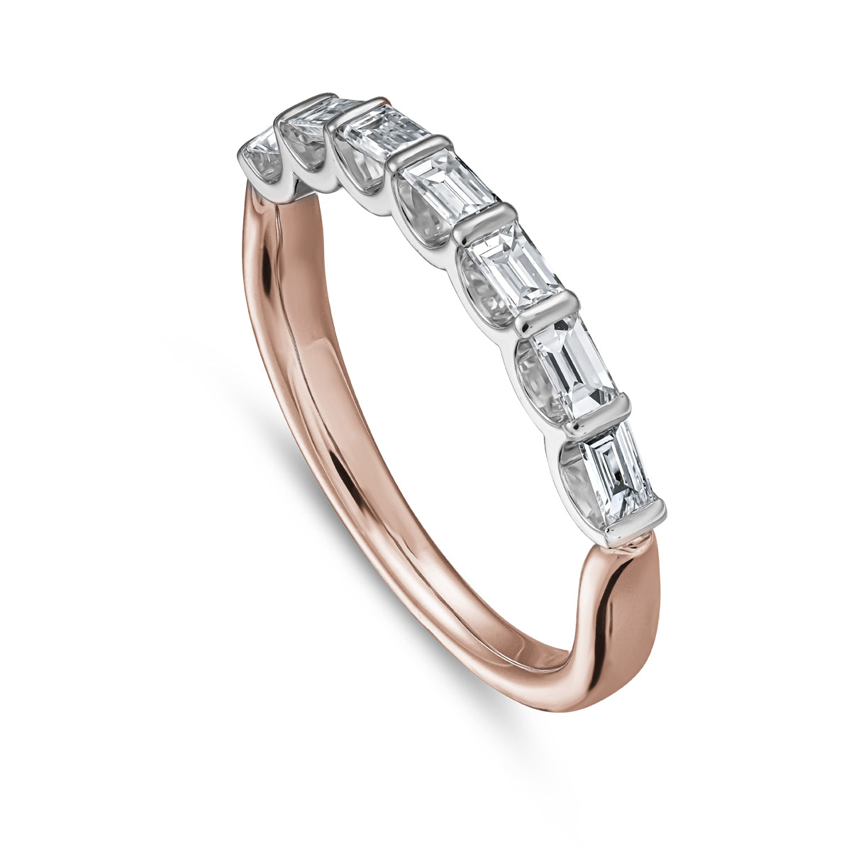 Triumph ring set with 7 baquettes in a arc design,designed by carati jewelry montreal canada 18 k 14 k