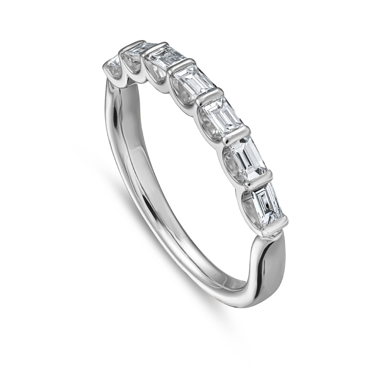 Triumph ring set with 7 baquettes in a arc design,designed by carati jewelry montreal canada 18 k 14 k