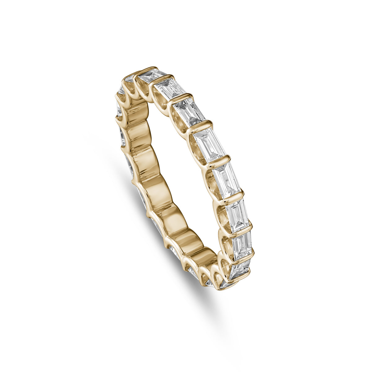 Triumph full eternity ring set with baquettes in a arc design,designed by carati jewelry montreal canada 18 k 14 k