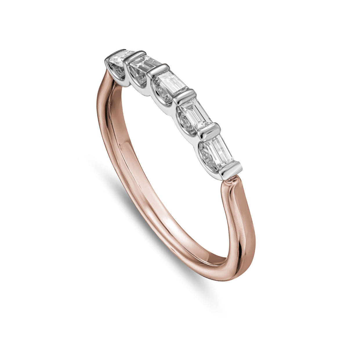 Triumph ring set with 5 baquettes thinner in a arc design,designed by carati jewelry montreal canada 18 k 14 k