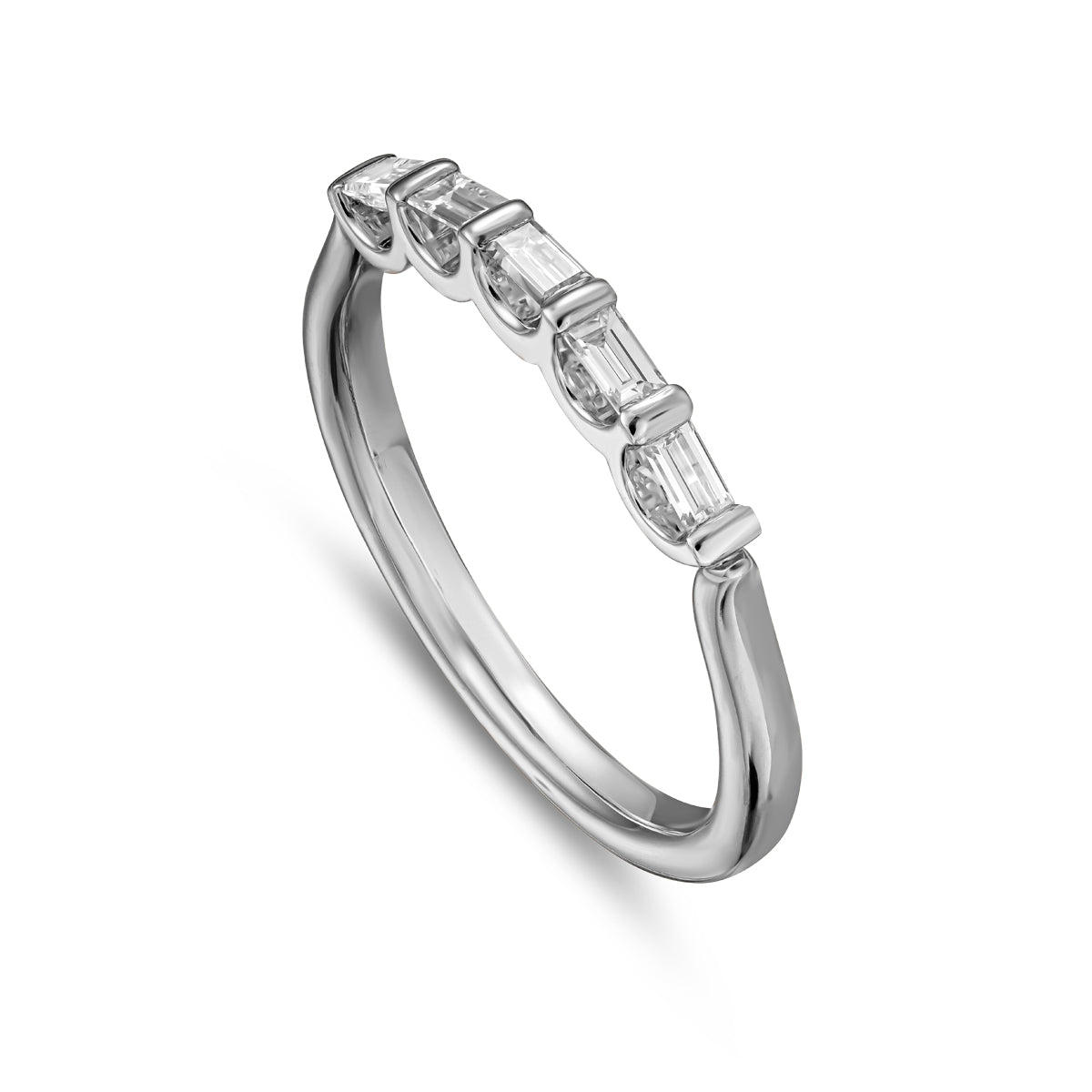Triumph ring set with 5 baquettes thinner in a arc design,designed by carati jewelry montreal canada 18 k 14 k