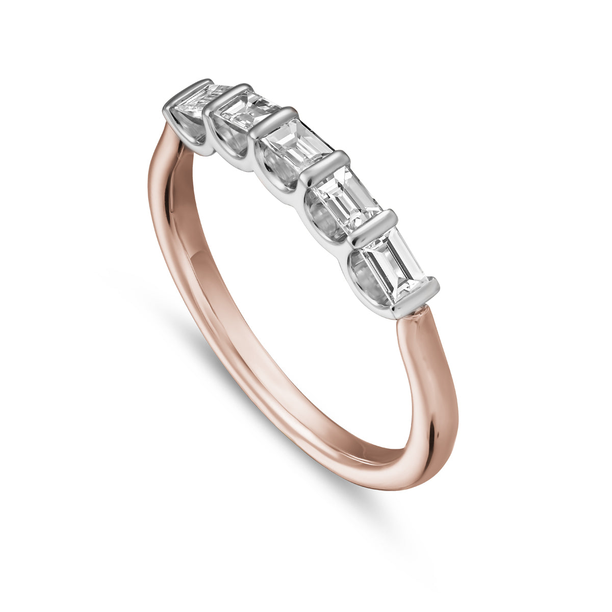 Triumph ring set with 5 baquettes in a arc design,designed by carati jewelry montreal canada 18 k 14 k