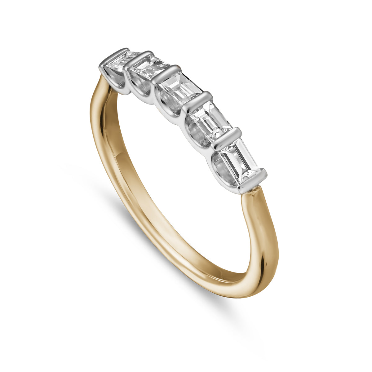 Triumph ring set with 5 baquettes in a arc design,designed by carati jewelry montreal canada 18 k 14 k