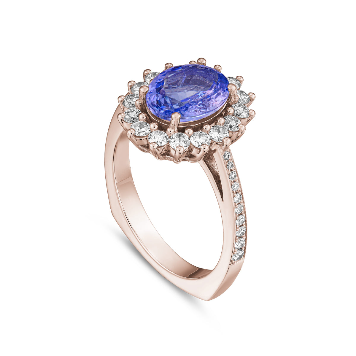An elegant engagement ring with a central oval Tanzanite stone, surrounded by a halo of sparkling diamonds, set in a white gold band designed by carati jewelry in montreal canada 14 k 18 k