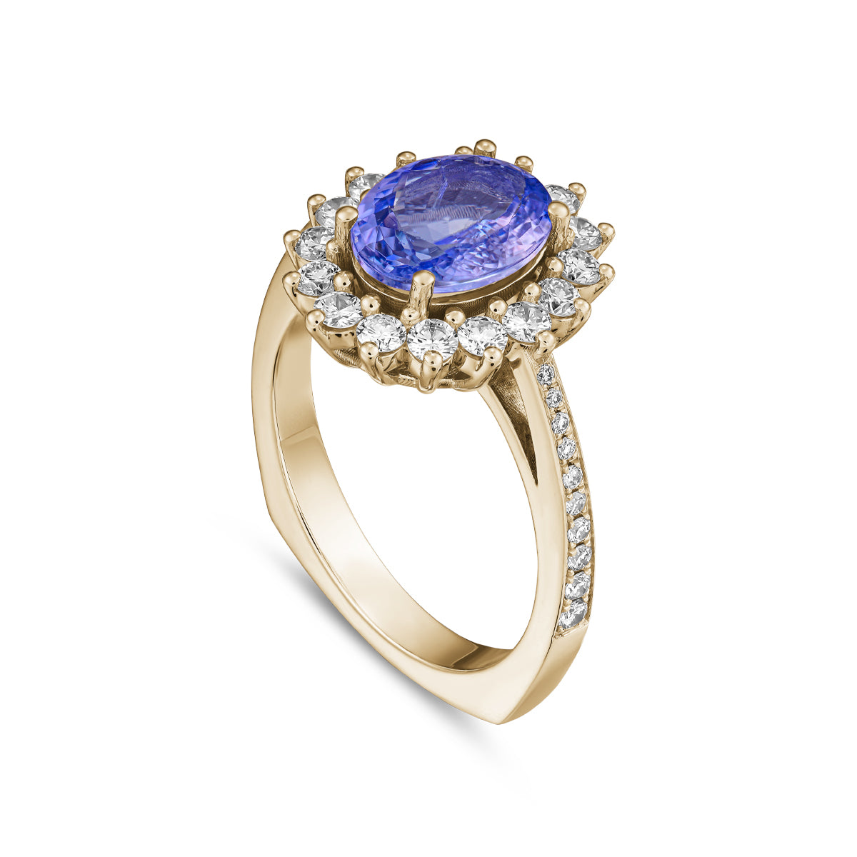 An elegant engagement ring with a central oval Tanzanite stone, surrounded by a halo of sparkling diamonds, set in a white gold band designed by carati jewelry in montreal canada 14 k 18 k