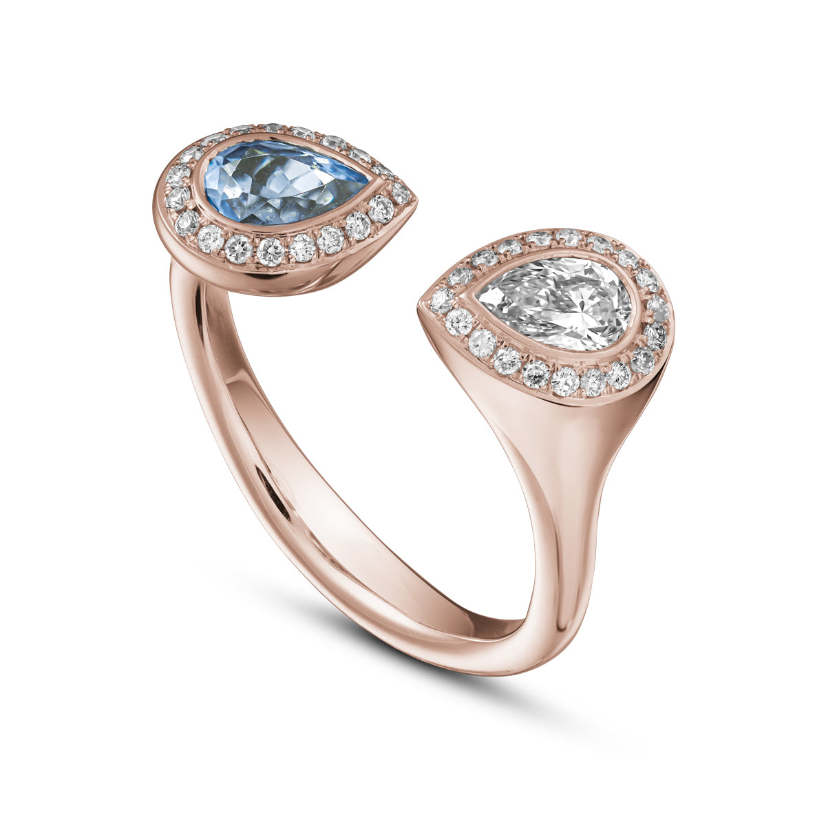 Toi et moi reimagined with pear aquamarine and diamond surrounded by pave set diamonds designed by carati jewelry montreal canada 14 k 18 k