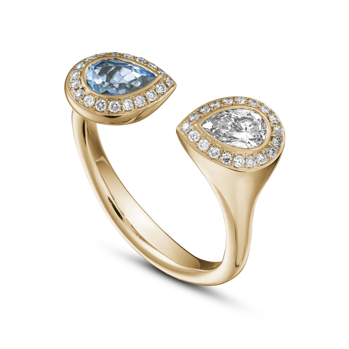 Toi et moi reimagined with pear aquamarine and diamond surrounded by pave set diamonds designed by carati jewelry montreal canada 14 k 18 k