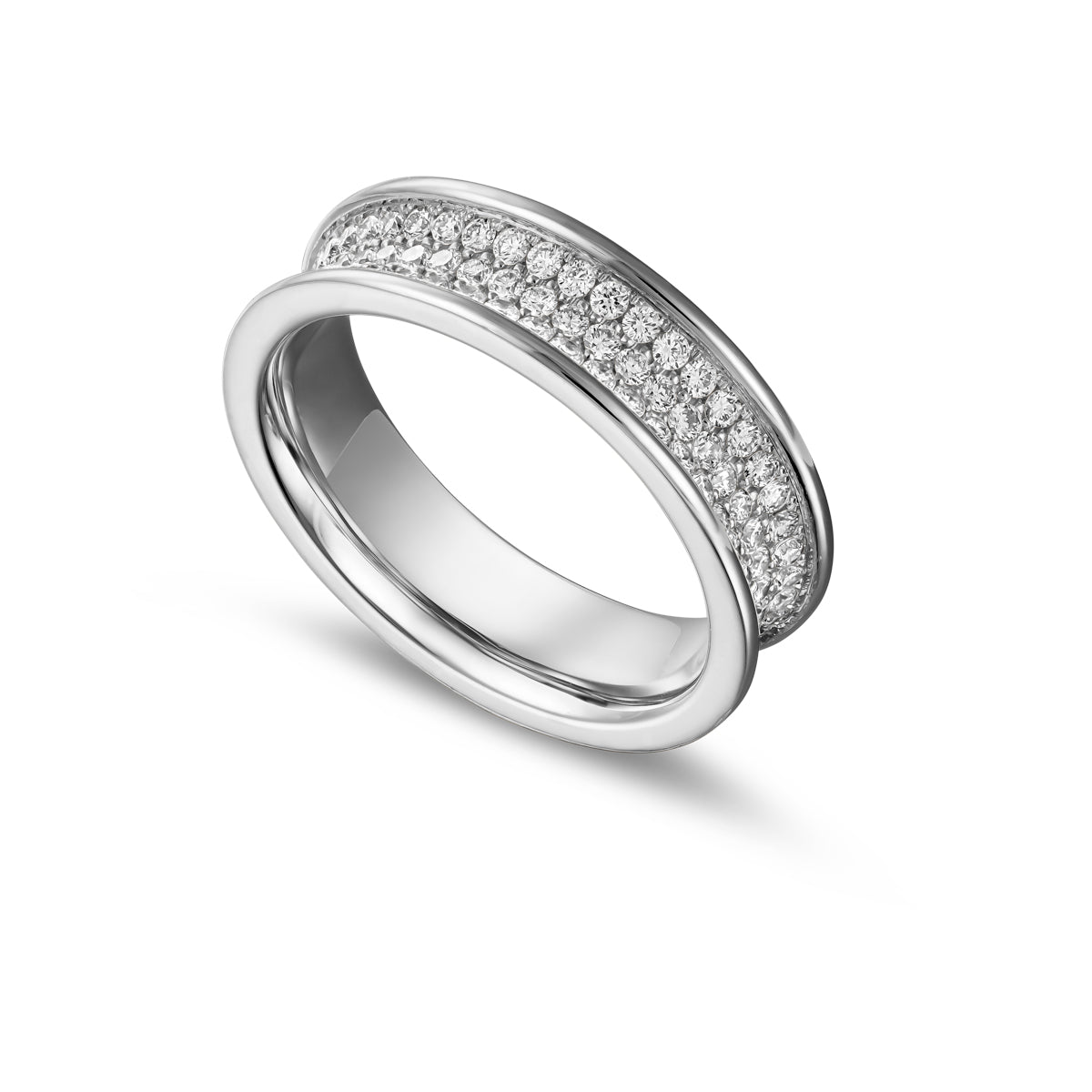 Luna ring set with 3 row of pave diamonds in a concave style ring designed by carati jewelry in montreal canada 14 k 18 k