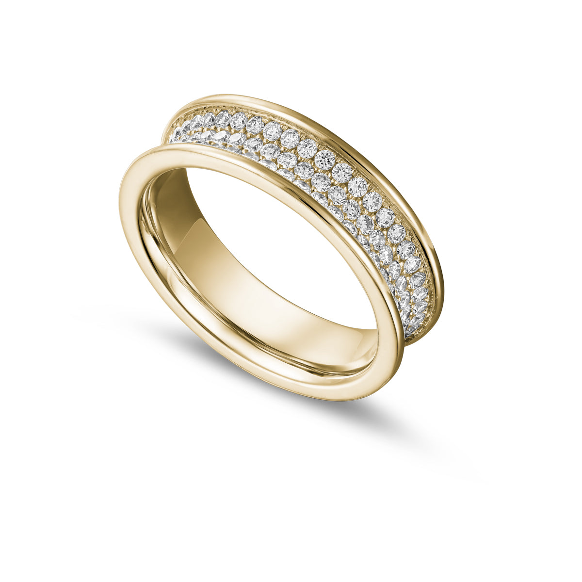 Luna ring set with 3 row of pave diamonds in a concave style ring designed by carati jewelry in montreal canada 14 k 18 k