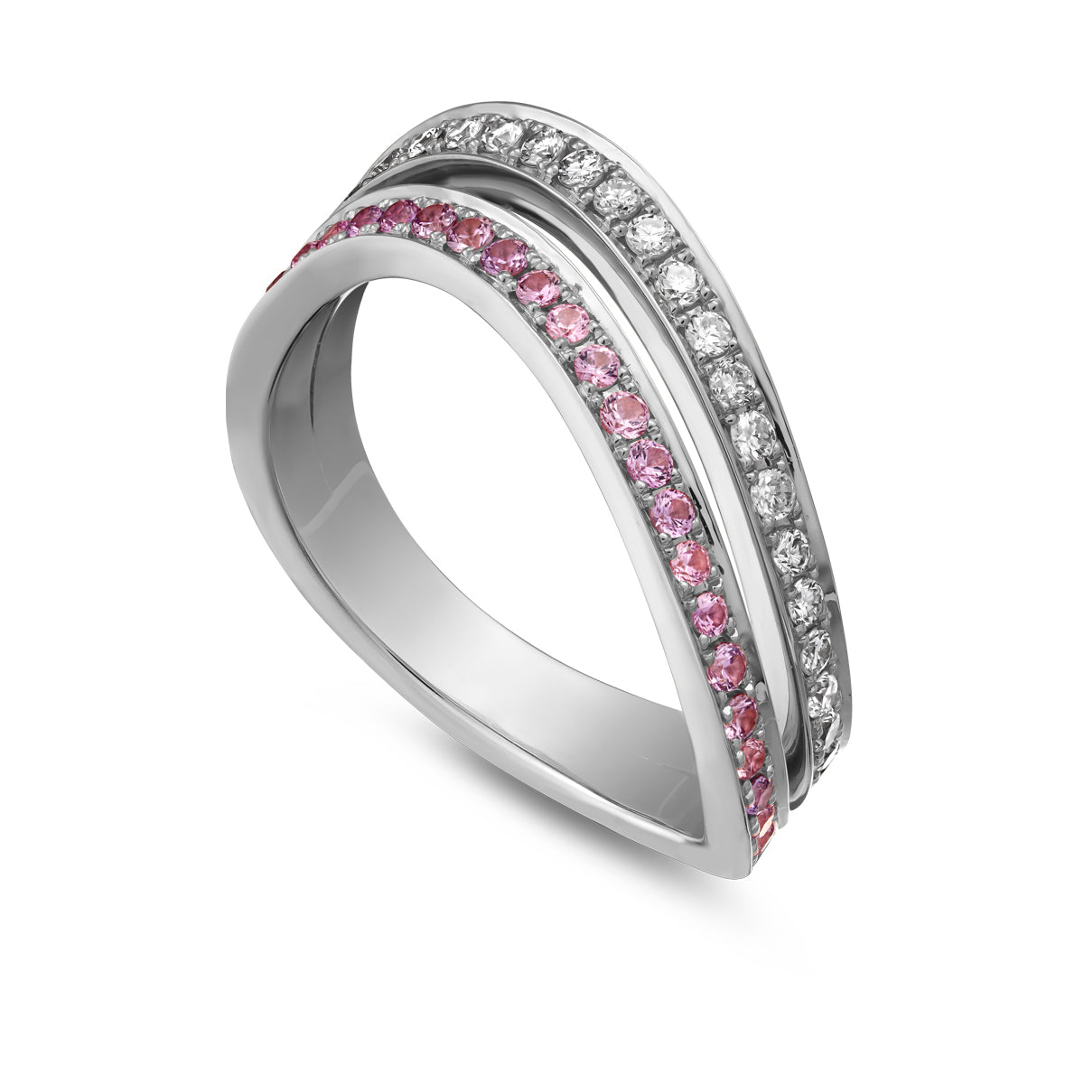 Double Wavy Ring with diamond and pink sapphires set in pave , iconic design by carati jewelry in montreal canada in 18k 14k