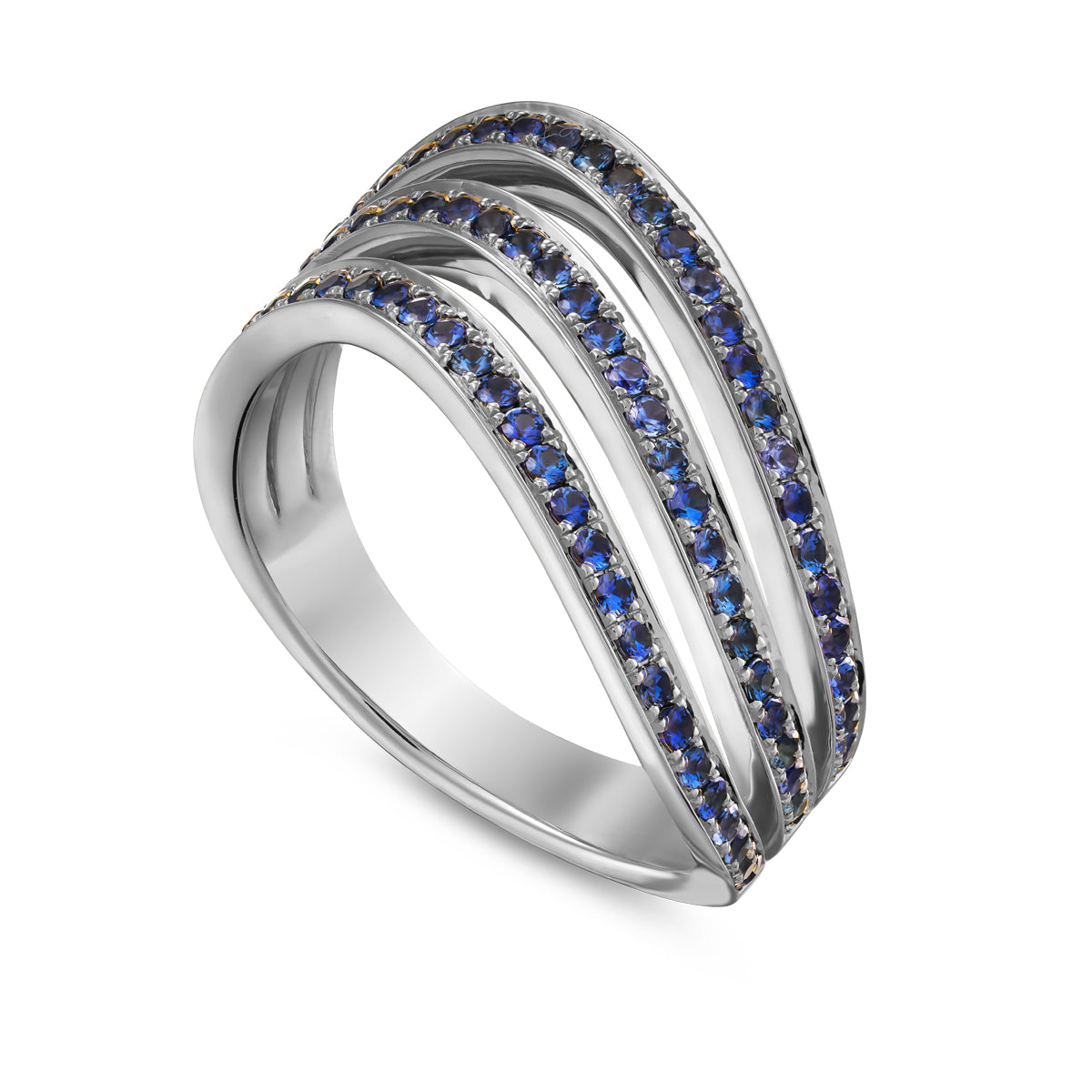 Triple Wavy Ring with a royal blue sapphires set in pave , iconic design by carati jewelry in montreal canada in 18k 14k