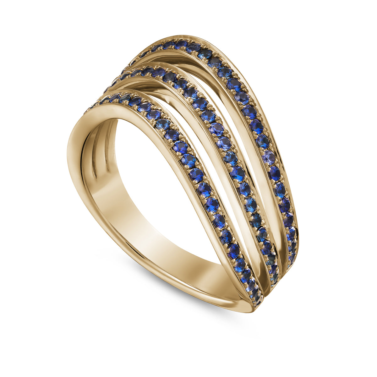 Triple Wavy Ring with a royal blue sapphires set in pave , iconic design by carati jewelry in montreal canada in 18k 14k
